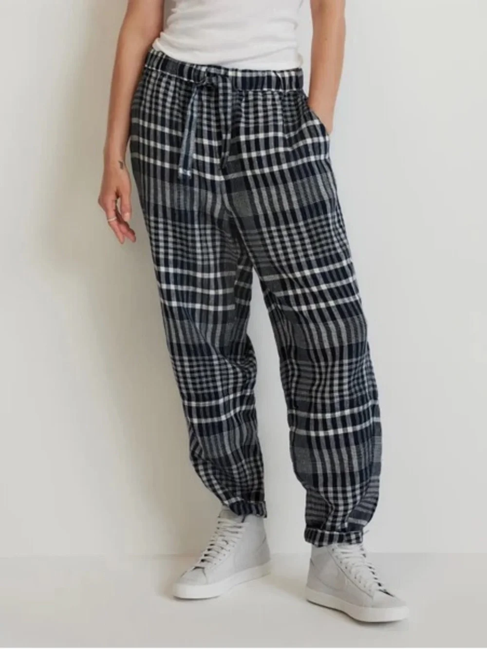 Everlane The Linen Pull On Barrel Pant 100% Linen Navy Plaid High Waist Size XL